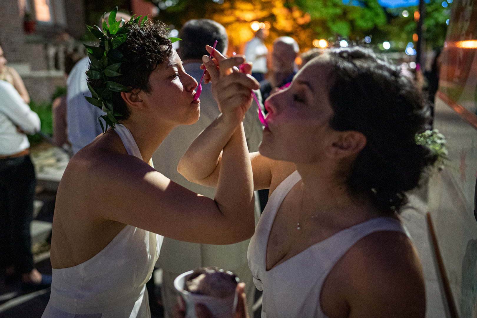 Modern green spring Midwest wedding two brides lesbian same-sex wedding jumpsuit long dress ice cream