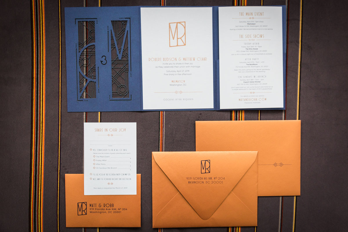 Modern, sophisticated wedding in Washington, D.C. LGBTQ+ weddings two grooms blue tuxedos bow ties elegant luxury invitation stationery