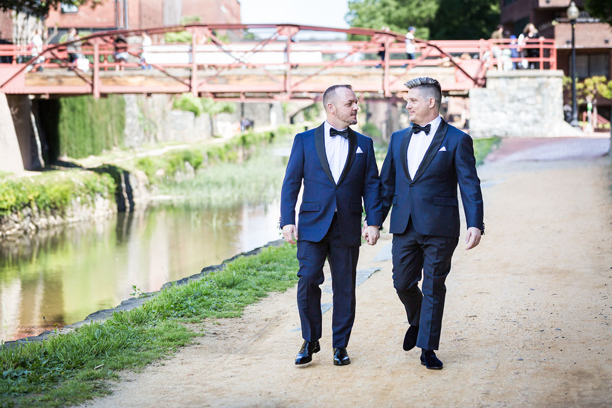 Modern, sophisticated wedding in Washington, D.C. LGBTQ+ weddings two grooms blue tuxedos bow ties elegant luxury