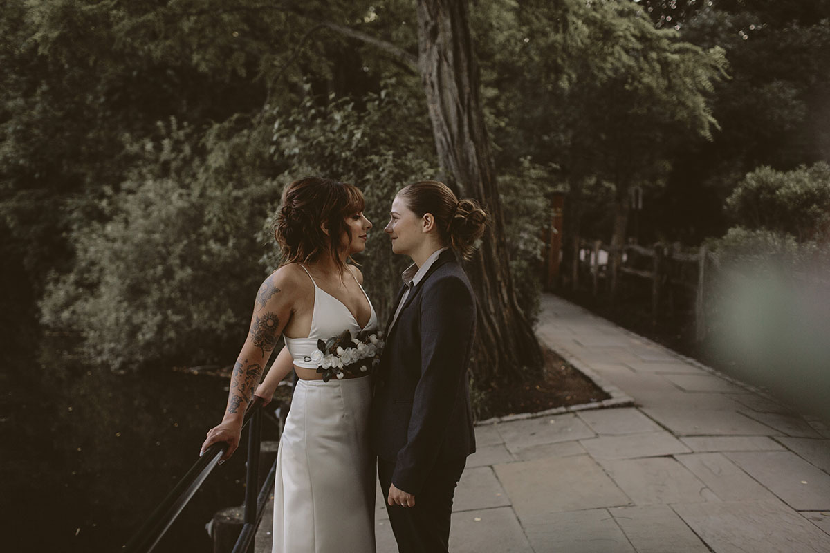 Moody engagement photos at Avalon Park & Preserve LGBTQ+ weddings two brides artsy artistic proposal engagement photos hipster