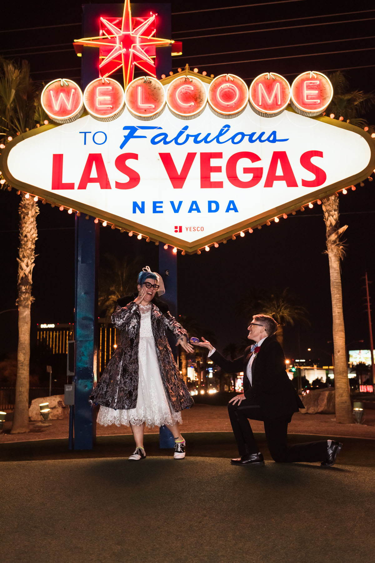 Quirky, fun vegan elopement in Las Vegas, Nevada LGBTQ+ weddings lesbian queer wedding chihuahua vegetable bouquet unique vintage