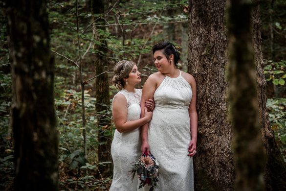 Woodland adventure elopement at Chapel in the Hollow LGBTQ+ weddings two brides waterfall mountains forest woods Tennessee hiking trails