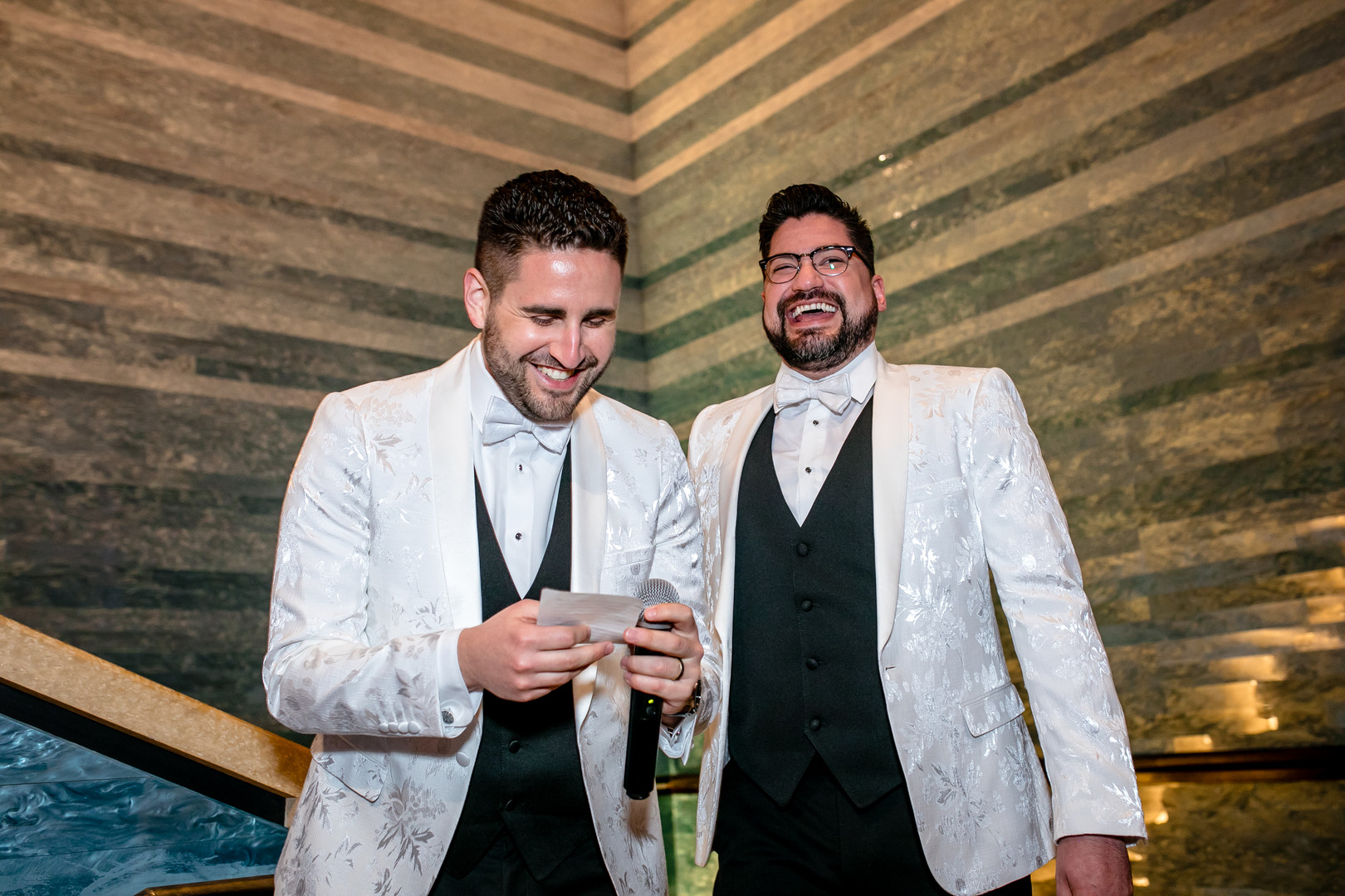 Black tie wedding at the Blanton Museum in Austin, Texas LGBTQ+ weddings two grooms luxury elegant toasts