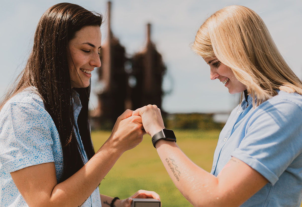 This scavenger hunt at Gas Works Park ends with a proposal LGBTQ+ weddings engagements Seattle Washington two brides