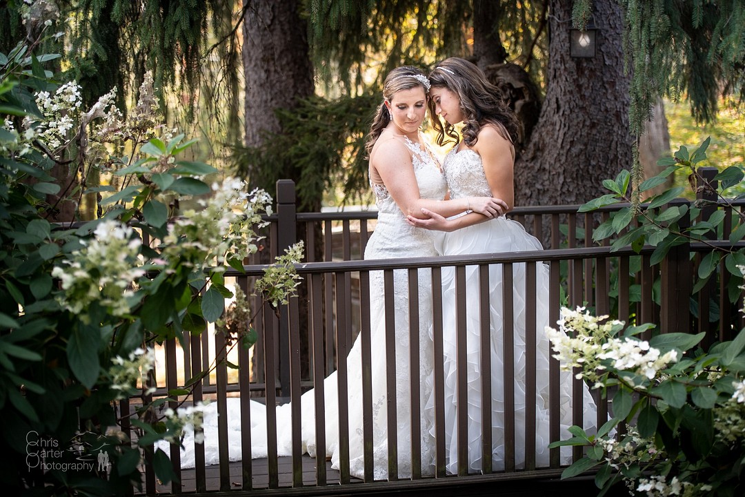 Elegant garden wedding at historic mansion in Hudson, New York LGBTQ+ two brides countryside outdoors sunset lesbian wedding estate
