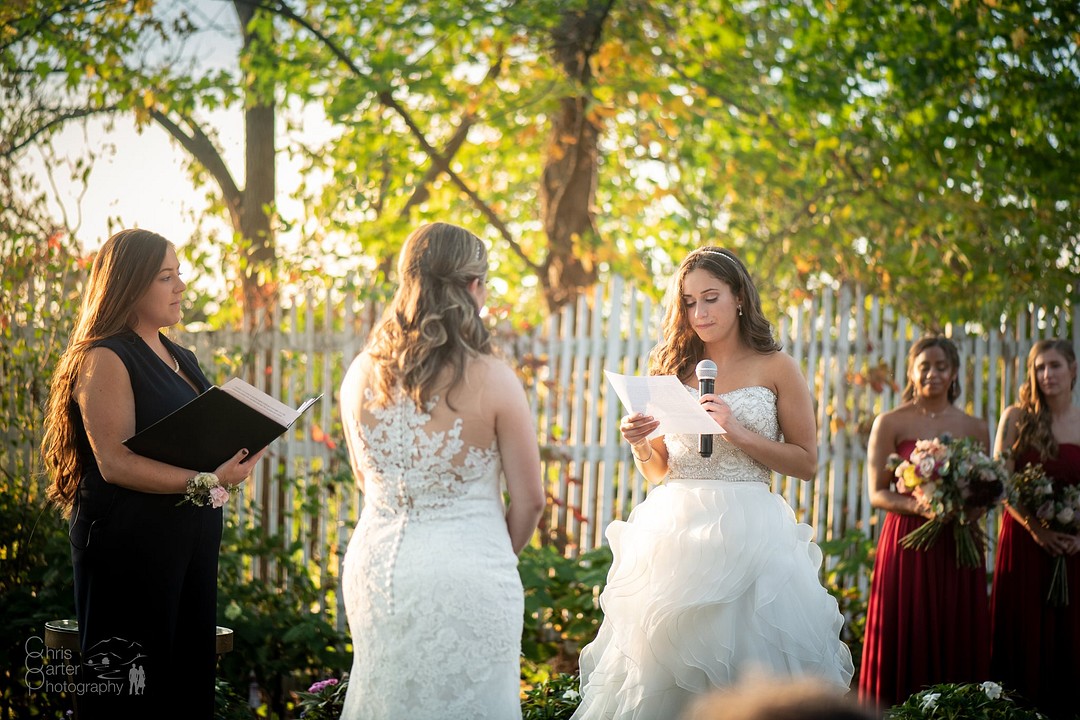 Elegant garden wedding at historic mansion in Hudson, New York LGBTQ+ two brides countryside outdoors sunset lesbian wedding estate vows