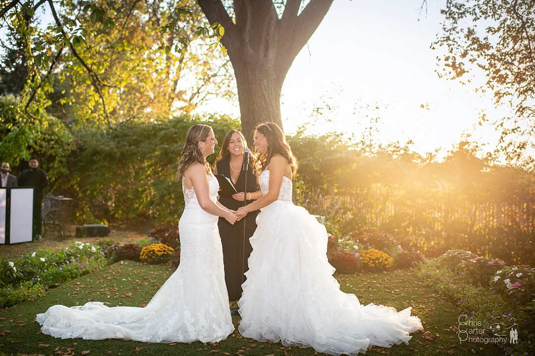 Elegant garden wedding at historic mansion in Hudson, New York LGBTQ+ two brides countryside outdoors sunset lesbian wedding estate vows