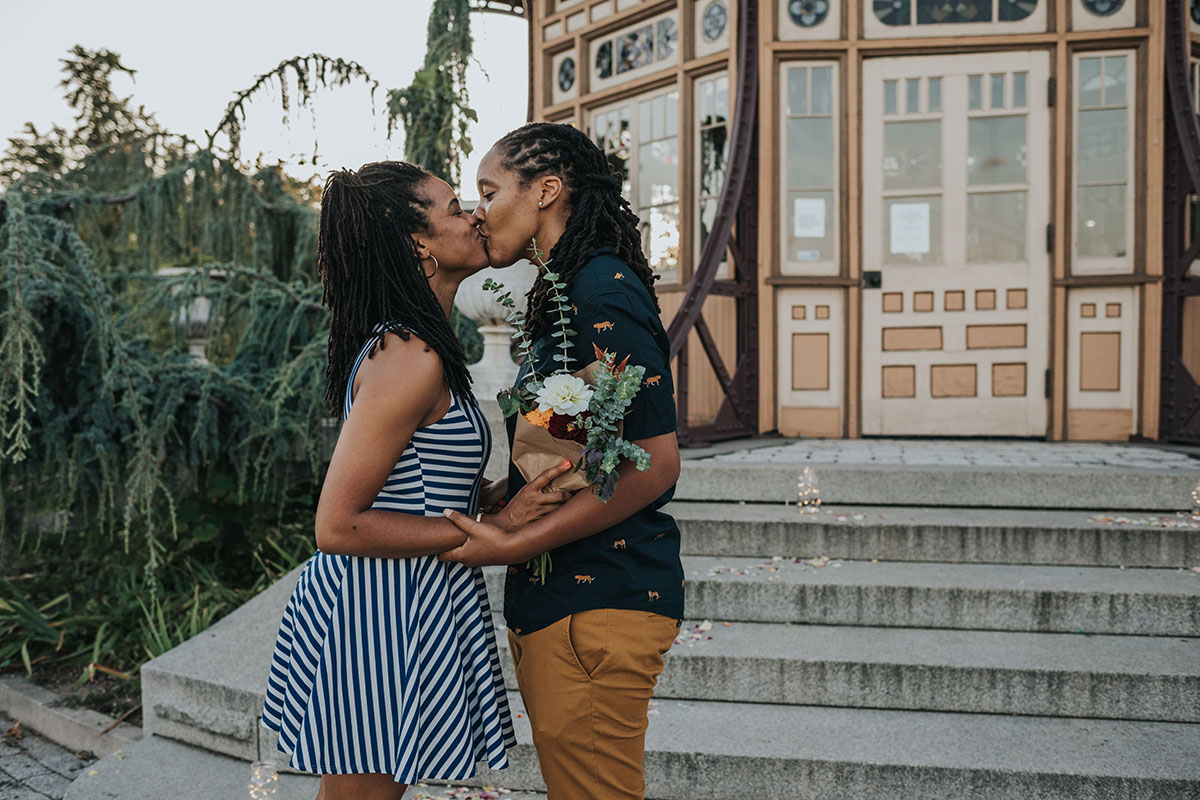 Surprise proposal at Patterson Park in Baltimore, Maryland LGBTQ+ weddings engagement proposal outdoor