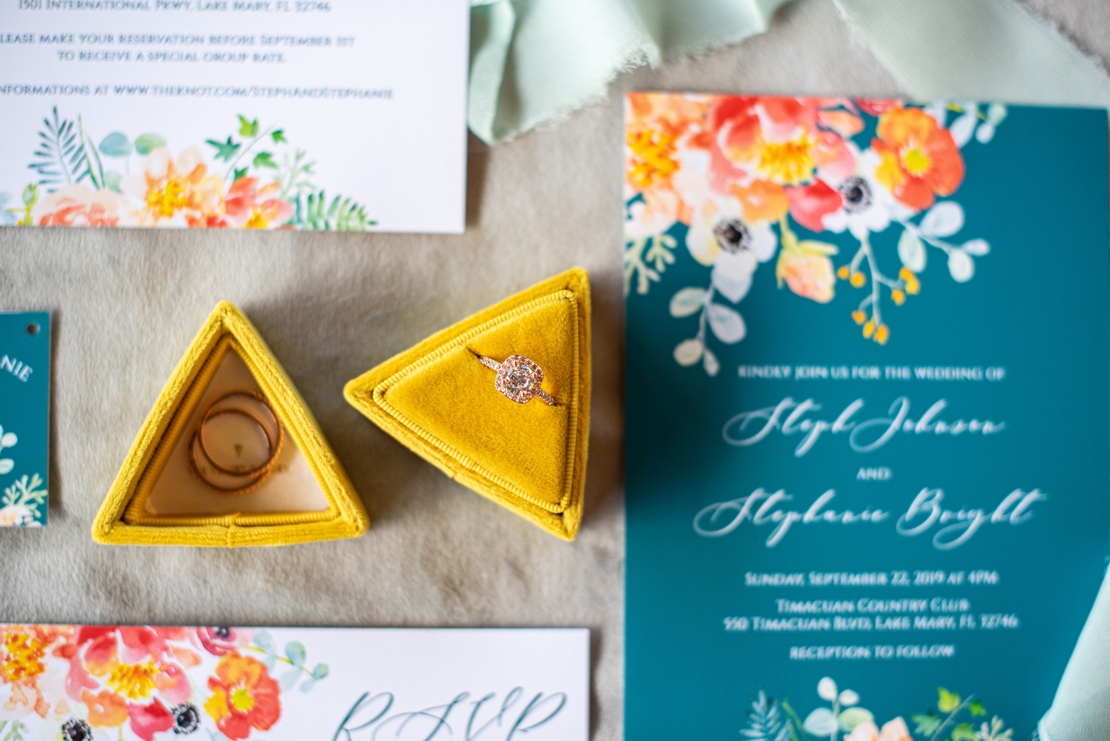 Teal and orange fall wedding inspiration in Lake Mary, Florida LGBTQ+ weddings styled shoot blue orange wedding jumpsuit invitations