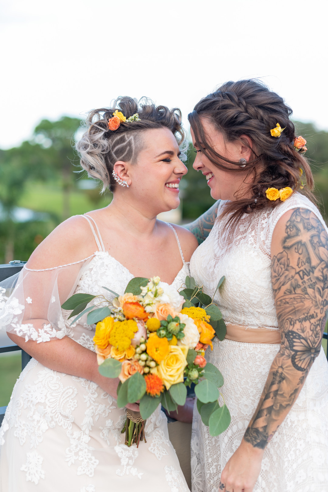 Teal and orange fall wedding inspiration in Lake Mary, Florida LGBTQ+ weddings styled shoot blue orange wedding jumpsuit