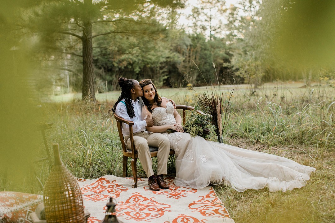 Bohemian winter elopement photos in Irmo, South Carolina LGBTQ+ weddings kiss elope intimate wedding celebration inspiration styled shoot real couple two brides