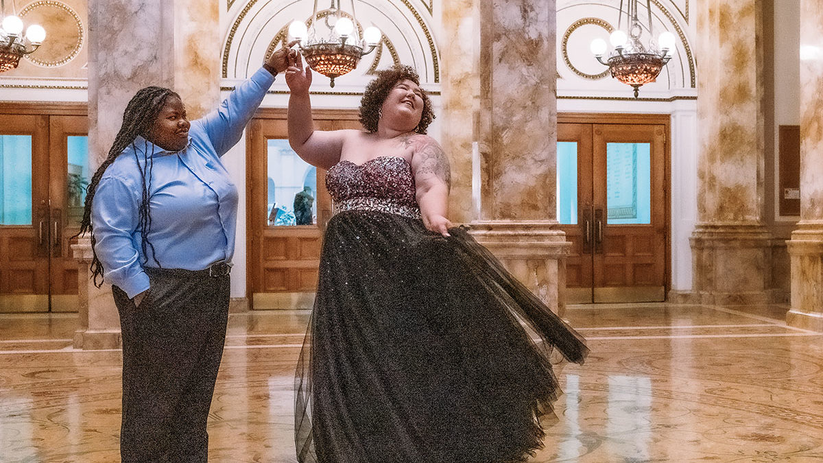 Romantic engagement photos at Milwaukee Central Public Library