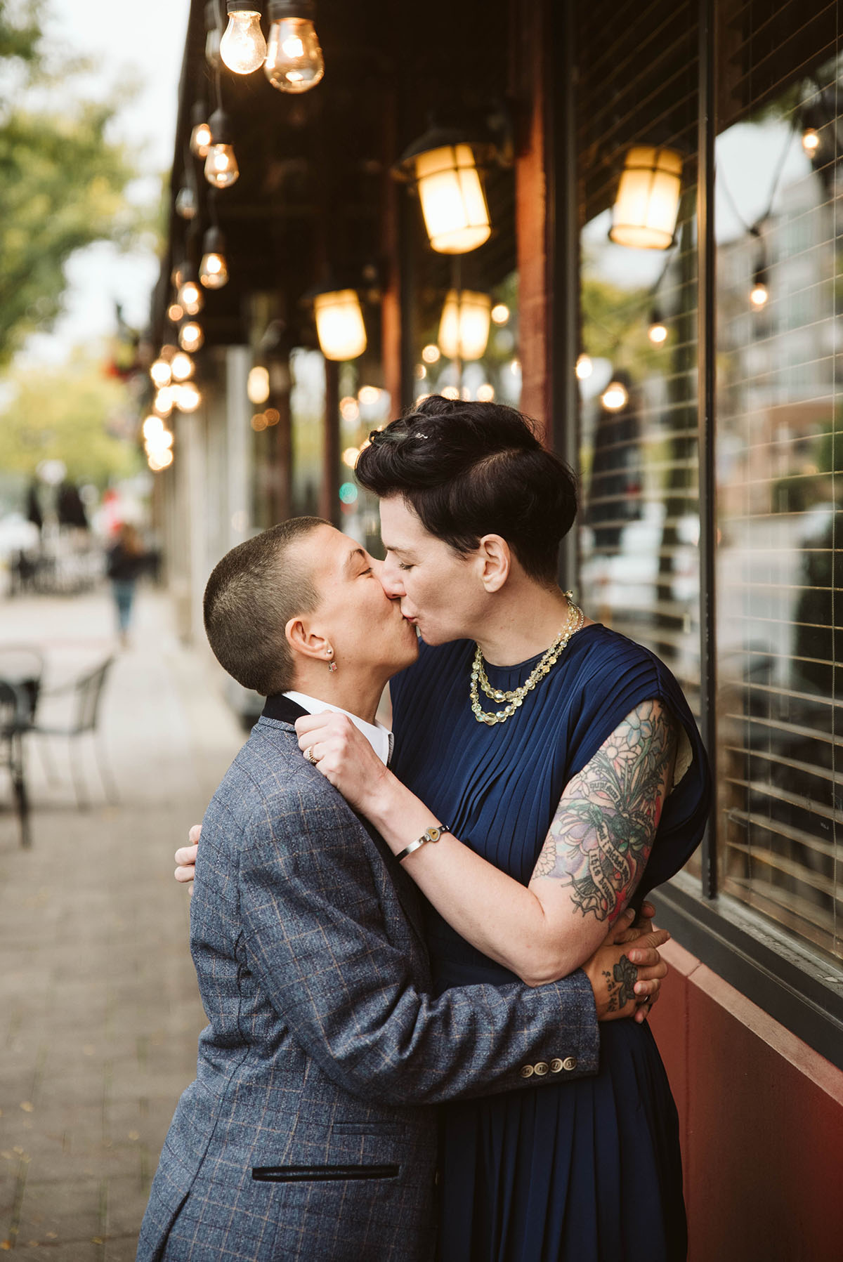 Romantic coffee shop engagement photos in Elmhurst, Illinois LGBTQ+ weddings engagements Brewpoint Coffee Wilder Park
