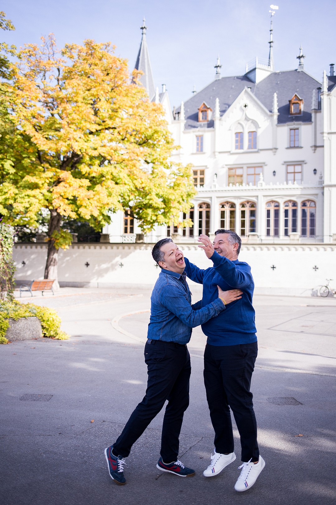 Fall newlywed portraits in Vivey, Switzerland husbands portraits couples two grooms long distance transcontinental destination wedding