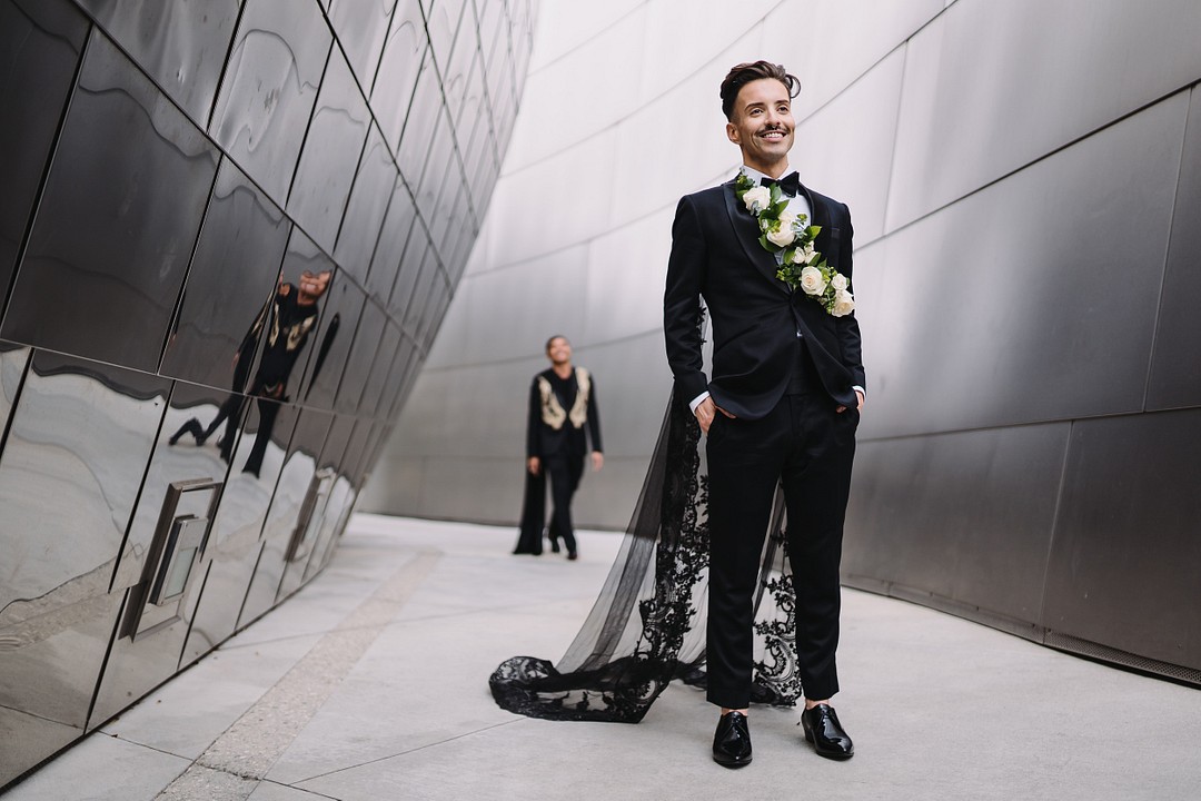 Glamorous, moody spring wedding in Los Angeles, California LGBTQ+ weddings two grooms gay wedding luxury Marc Jacobs