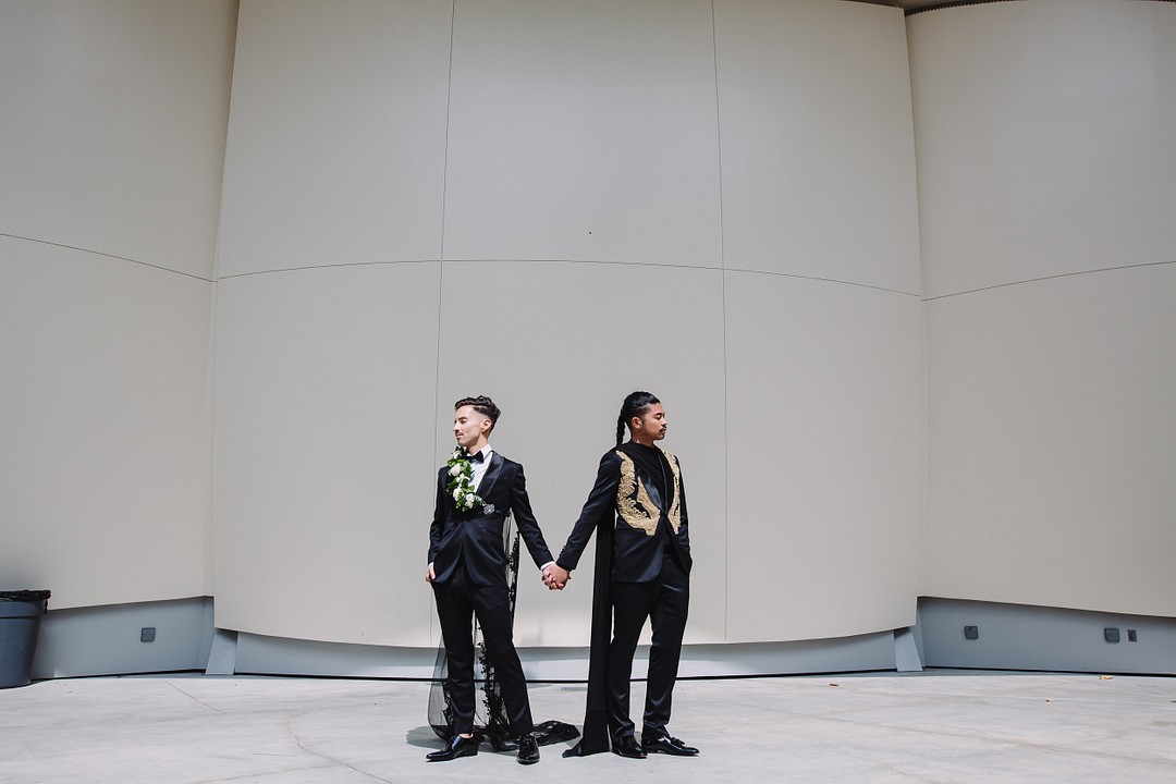 Glamorous, moody spring wedding in Los Angeles, California LGBTQ+ weddings two grooms gay wedding luxury Marc Jacobs