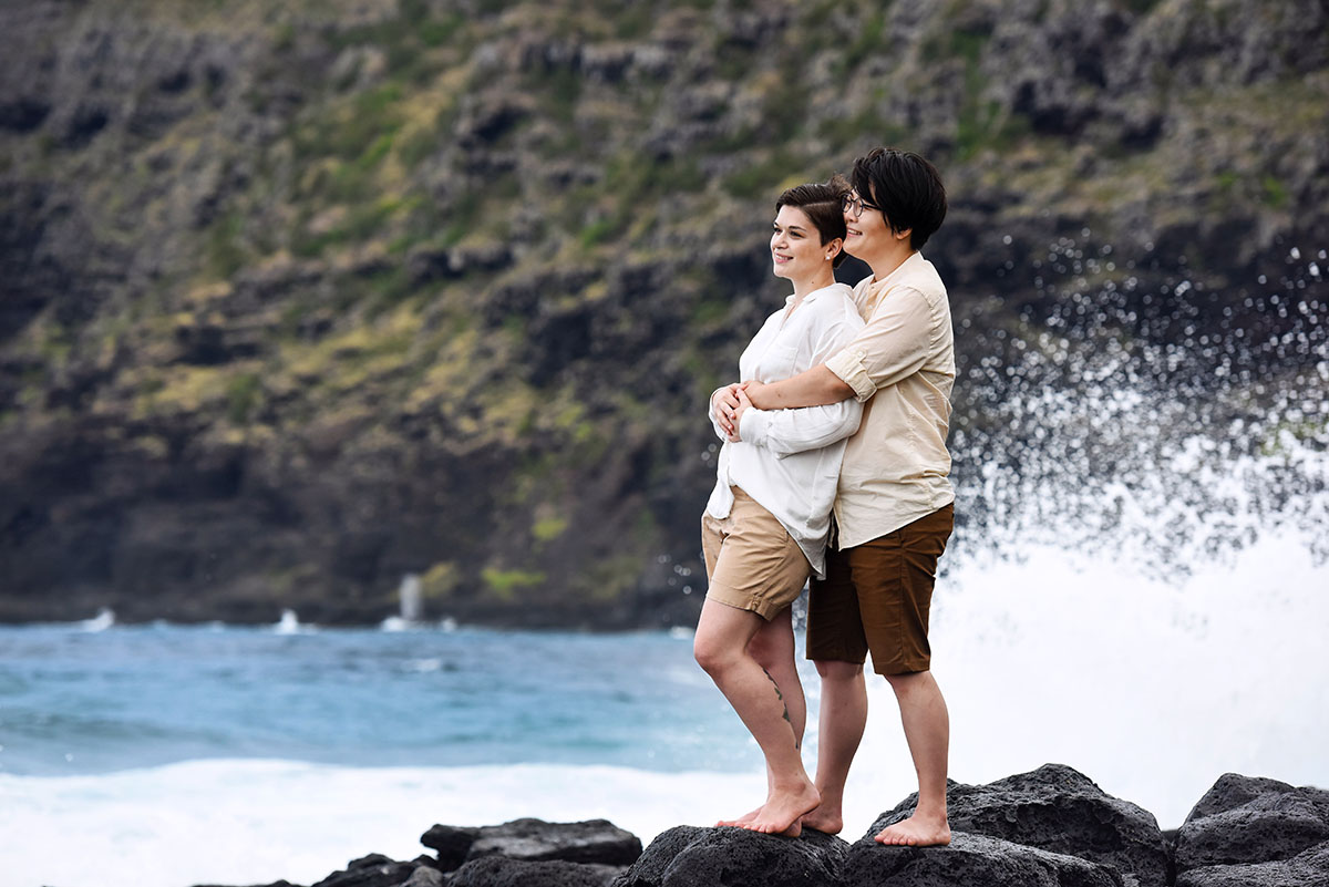 Beach destination wedding and honeymoon in Honolulu, Hawaii LGBTQ+ weddings elopements legal ceremony courthouse cliffside ocean