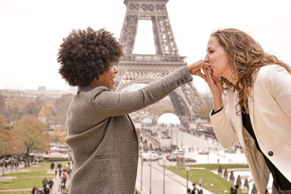 We love the adorable way these two marriers announced their wedding day two brides Paris Eiffel Tower family son wedding announcement engaged