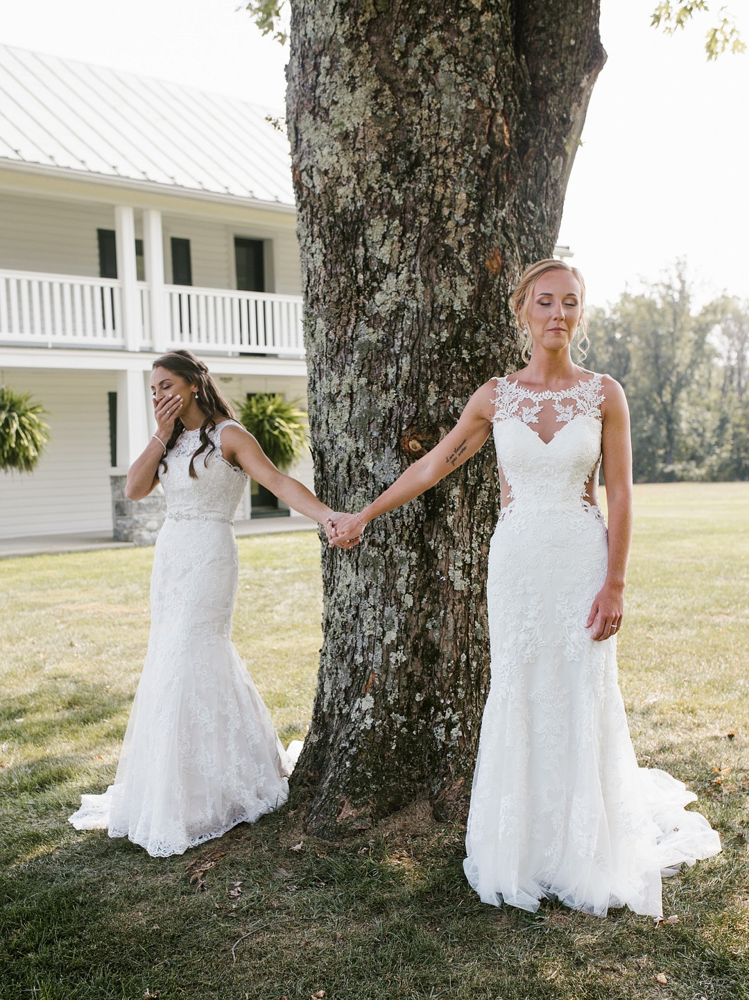 Rustic, elegant early fall wedding in Sabillasville, Maryland LGBTQ+ weddings lesbian wedding two brides long white dresses outdoors South Carolina Southern September wedding sunflowers first look