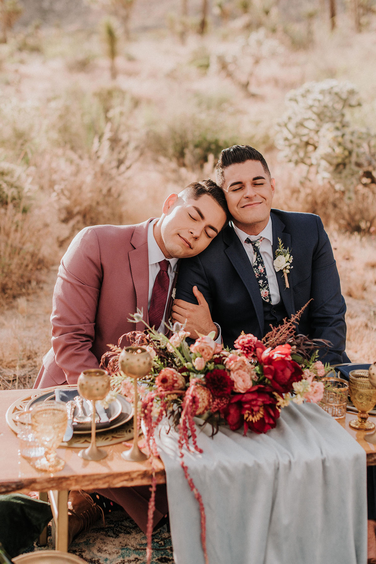 Floral bohemian elopement inspiration at Joshua Tree LGBTQ+ weddings gay wedding two grooms models National Park California