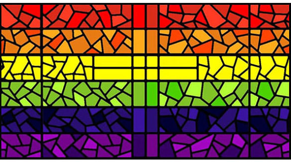 illustration of stained glass window with Christian cross in Pride flag rainbow colors