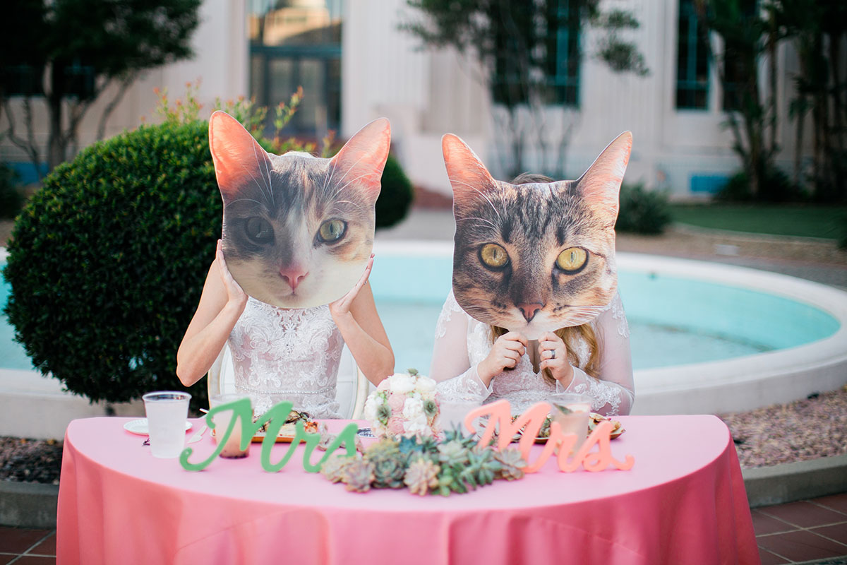 Whimsical, rustic waterfront wedding in San Diego, California two brides LGBTQ+ weddings sunny succulents cat face cutouts giant face