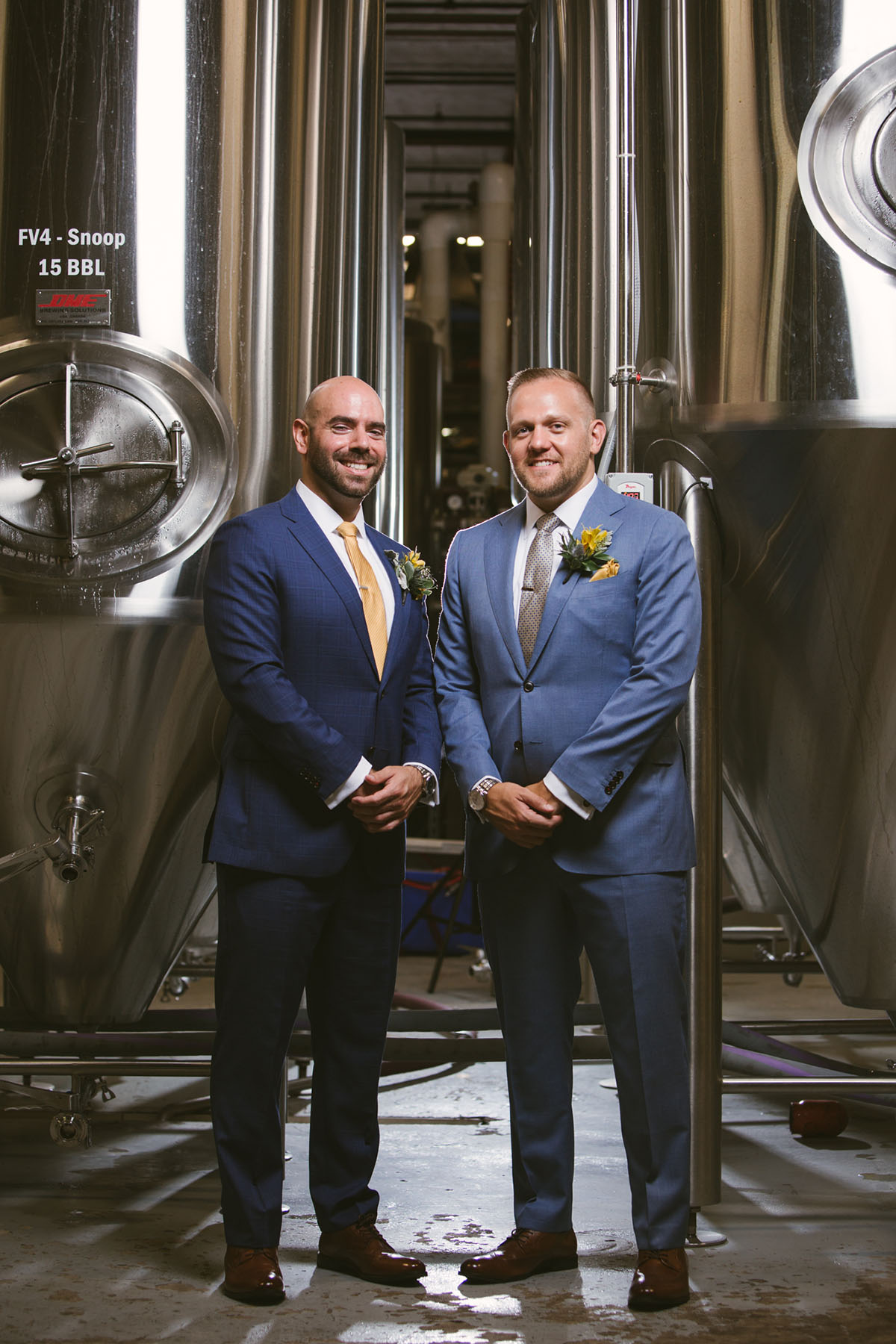 Waterfront brewery elopement at The Piermont in Babylon, New York LGBTQ+ weddings two grooms gay wedding succulents beach terrariums blue tuxedos