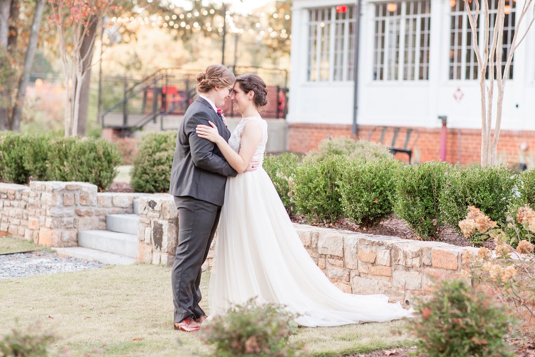 Outdoor DIY fall wedding at the Solarium in Decatur, Georgia two brides LGBTQ+ weddings lesbian wedding succulents nature do it yourself