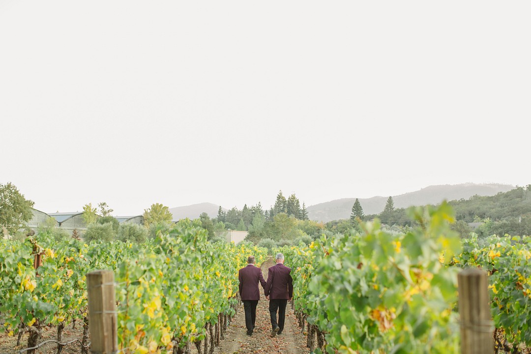 After 20 years, two grooms celebrate with whimsical winery wedding LGBTQ+ weddings aerialist gay wedding purple tux gold glitter tux fall California wedding wine country