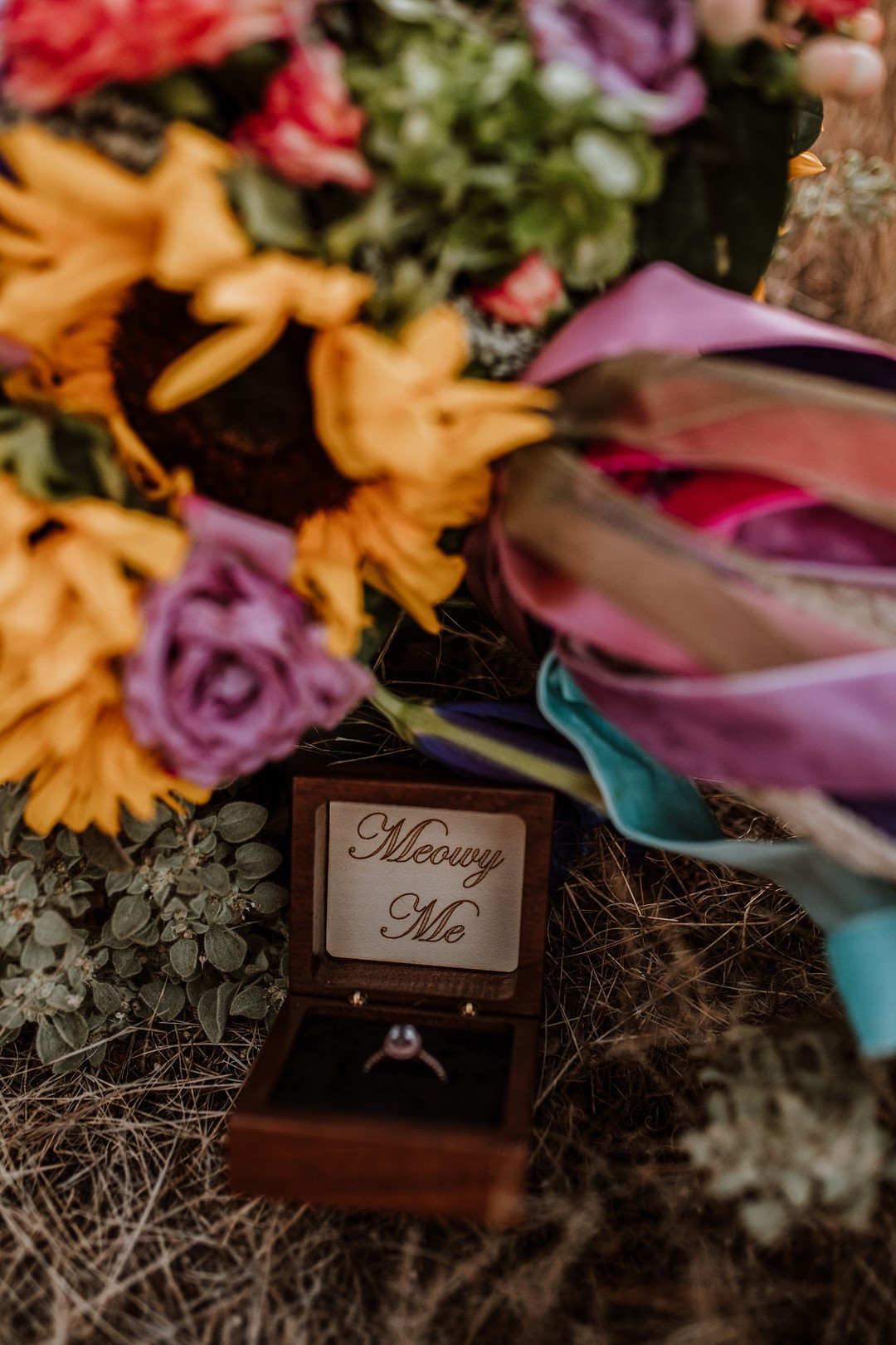 Golden hour proposal in the mountains of San Diego, California LGBTQ+ engagements weddings two brides engaged i do how she asked she said yes meowy me ring box