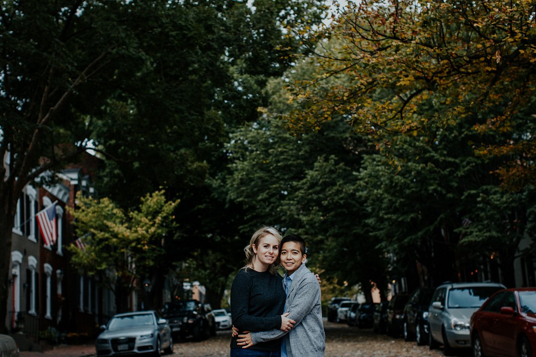 Fall engagement photos around the city in Alexandria, Virginia LGBTQ+ weddings two brides engaged