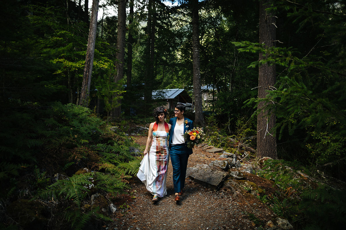 Summer camp wedding weekend in the Cascades Mountains LGBTQ+ weddings colorful Quaker wedding community offbeat alternative