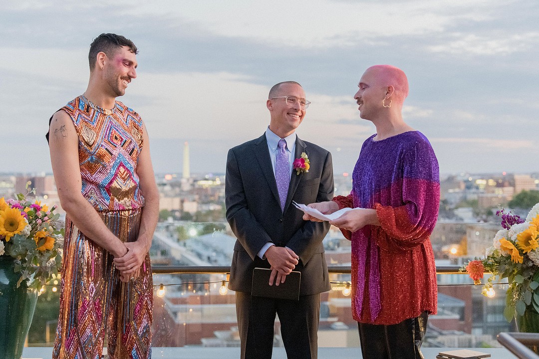 Rainbow, flowers and sequins rooftop wedding in Washington, D.C. LGBTQ+ weddings glitter nontraditional unique