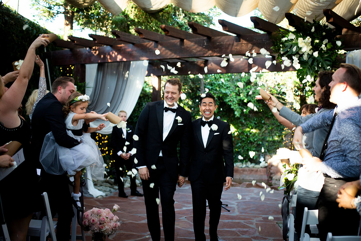 Modern summer ranch wedding in Burbank, California LGBTQ+ weddings elegant black tie
