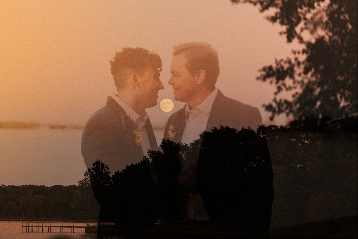 Lakeside sunset fall wedding with fireworks sendoff LGBTQ+ weddings gay wedding Texas