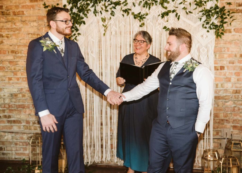 David + Andrew: Midwestern Pride Wedding Giveaway winners marry Photo Glass & Grain Photography published on Equally Wed gay grooms ceremony black and white photo