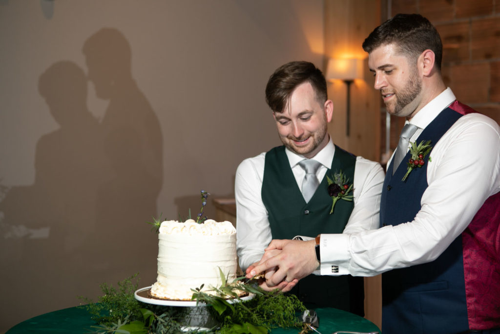 David + Anthony: Natural, earthy and warm Milwaukee, Wisconsin, gay wedding cake cutting