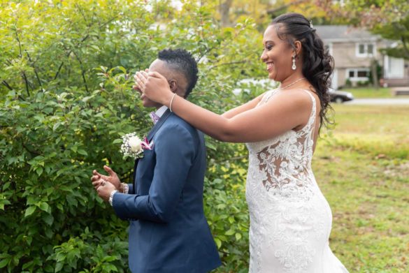 couple first look portraits outdoor New Jersey Black LGBTQ+ wedding