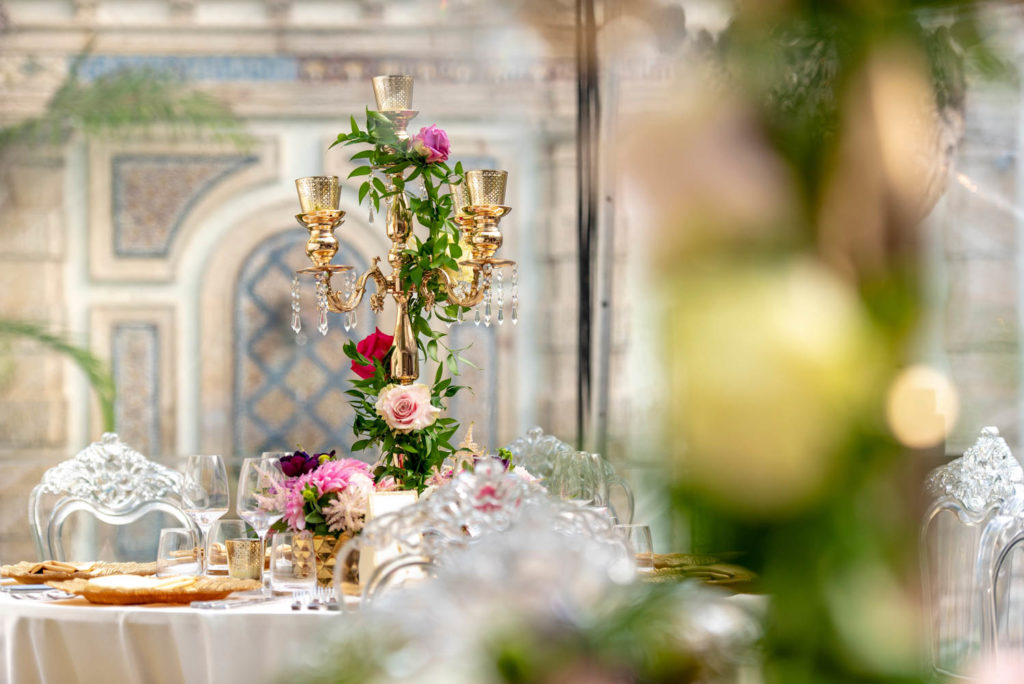 Angelina + Krista: Upscale glamorous lesbian wedding at the renowned Versace mansion in Miami Beach, Florida Suzanne Delawar Studios opulent gold wedding reception