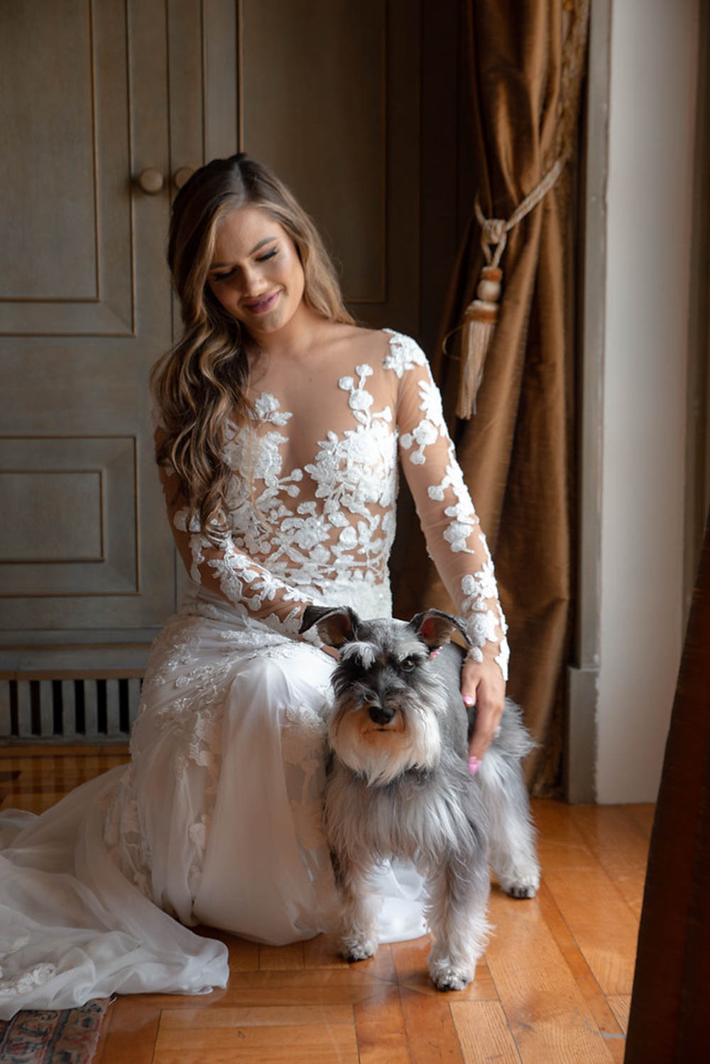 Angelina + Krista: Upscale glamorous lesbian wedding at the renowned Versace mansion in Miami Beach, Florida Suzanne Delawar Studios bride and dog