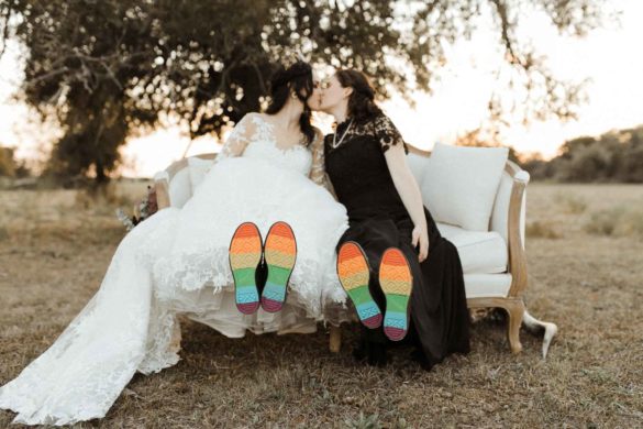 Beautifully gothic Texas wedding with creative details, photo by Leah Thomason Photography, featured on Equally Wed, the LGBTQ+ wedding magazine rainbow shoes