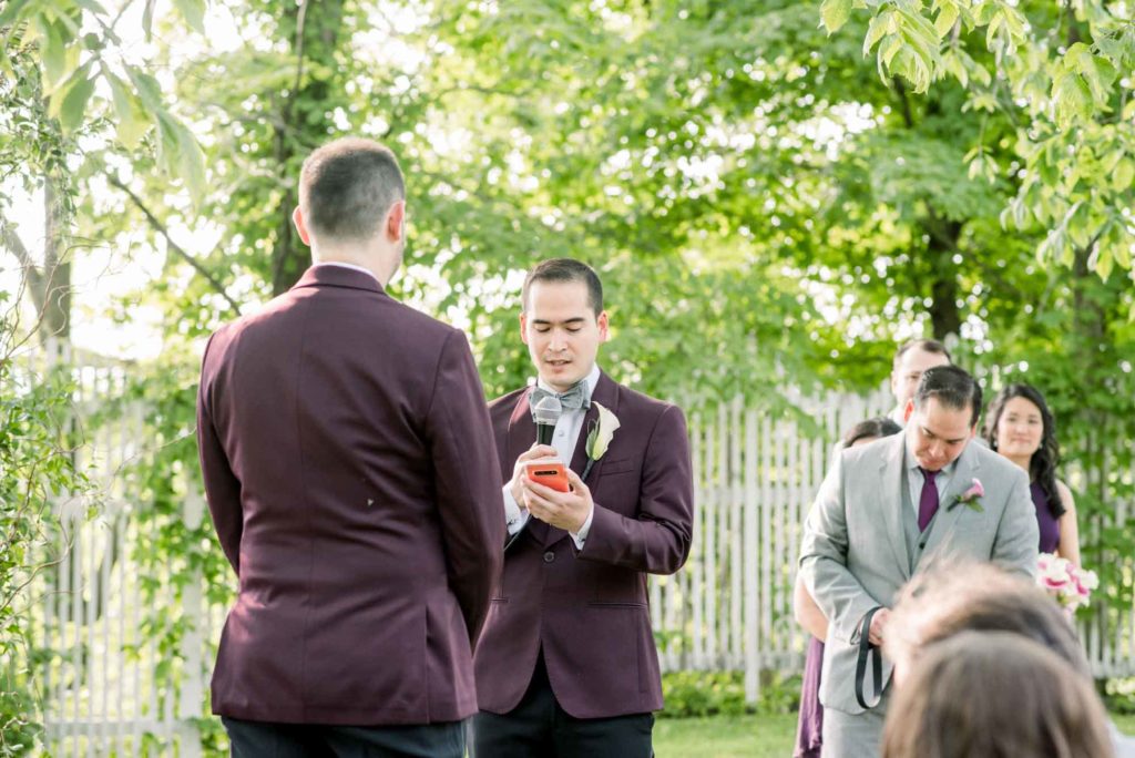 LGBTQ+ wedding featured on Equally Wed magazine with two grooms Brian + Brett: Hudson Valley garden wedding with shades of purple Upasana Mainali Photography FEAST at Round Hill Wedding