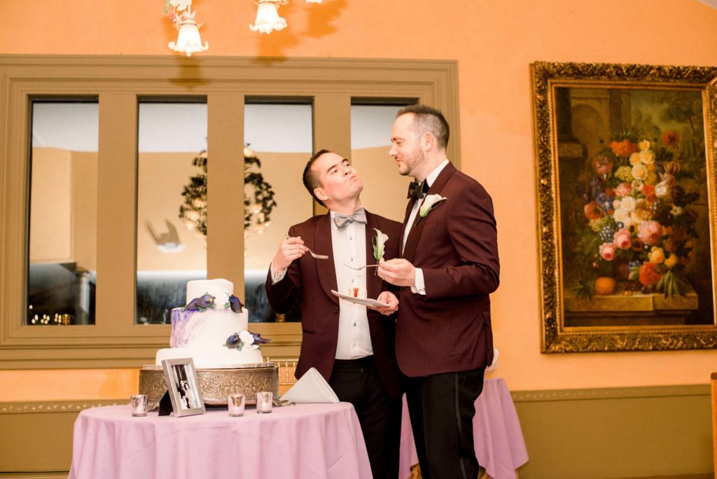 LGBTQ+ wedding featured on Equally Wed magazine with two grooms Brian + Brett: Hudson Valley garden wedding with shades of purple Upasana Mainali Photography
