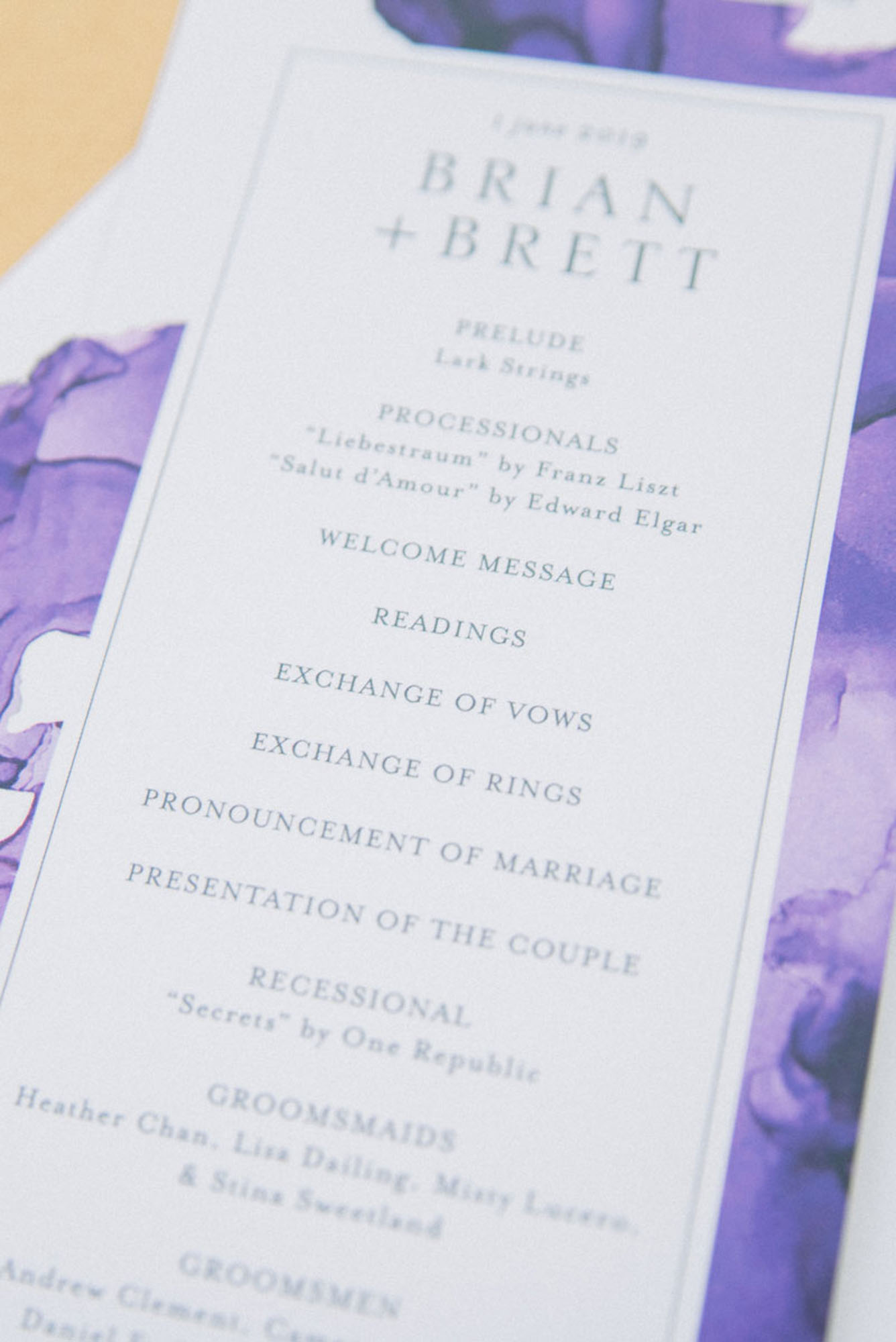 wedding program for gay LGBTQ+ wedding LGBTQ+ wedding featured on Equally Wed magazine with two grooms Brian + Brett: Hudson Valley garden wedding with shades of purple Upasana Mainali Photography outdoor wedding ceremony
