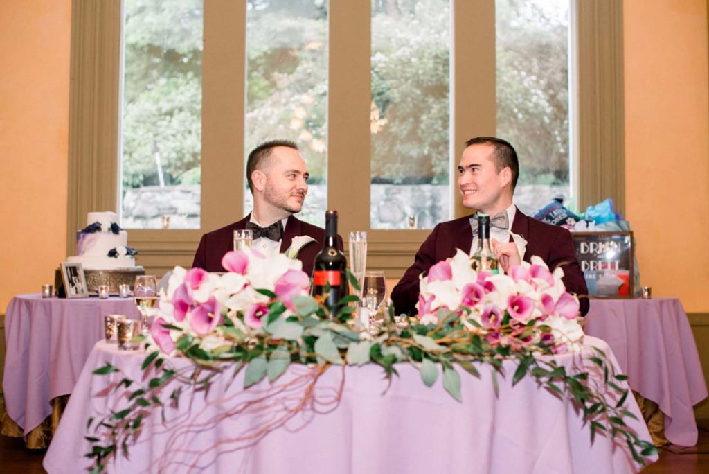 LGBTQ+ wedding with two grooms Brian + Brett: Hudson Valley garden wedding with shades of purple Upasana Mainali Photography