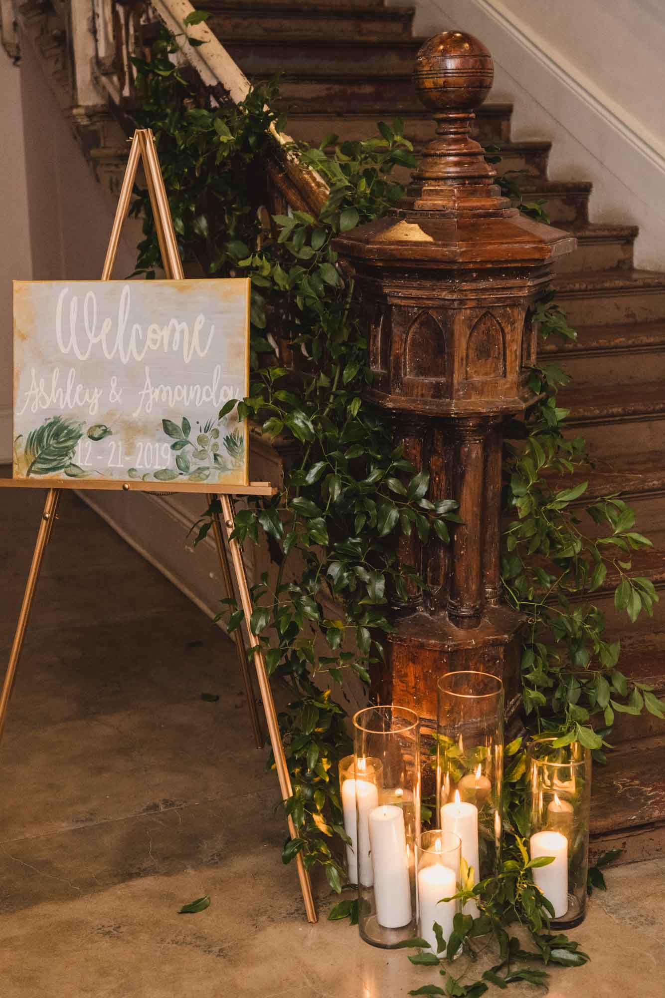 New Orleans December church wedding with bubble sendoff welcome sign