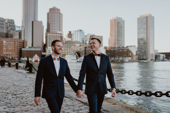 Boston engagement session with bow ties and an adorable pup | Kaila Sarene Photography | Featured on Equally Wed, the leading LGBTQ+ wedding magazine