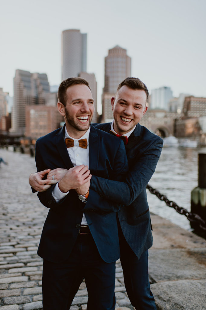 Boston engagement session with bow ties and an adorable pup