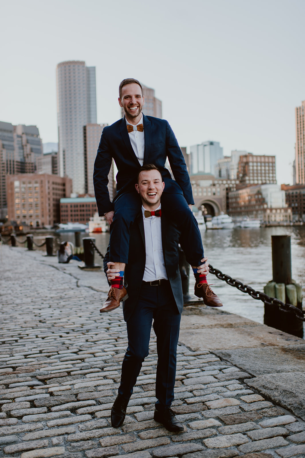 Boston engagement session with bow ties and an adorable pup | Kaila Sarene Photography | Featured on Equally Wed, the leading LGBTQ+ wedding magazine