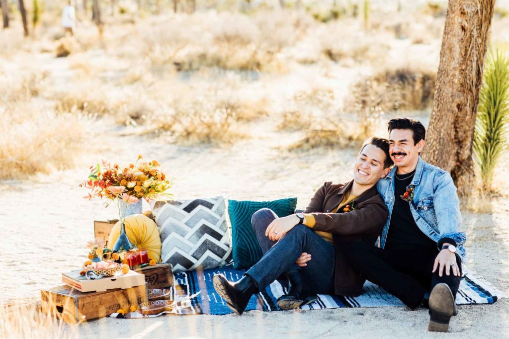 Elopement inspiration with artisanal Mexican decor at Joshua Tree National Park| Michael Gomez Photography| Featured on Equally Wed, the leading LGBTQ+ wedding magazine